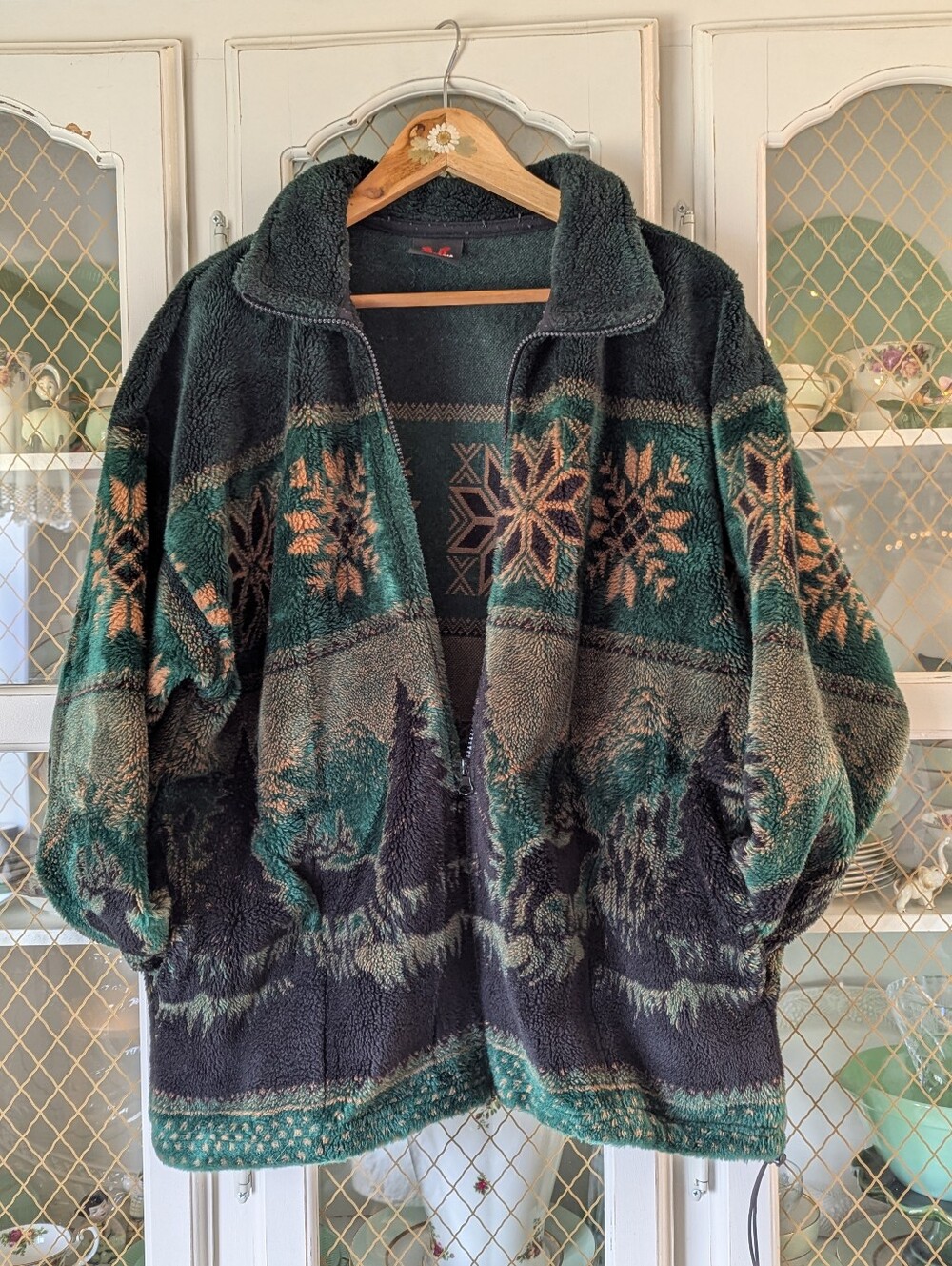 Women's Green Patterned Fleece Jacket